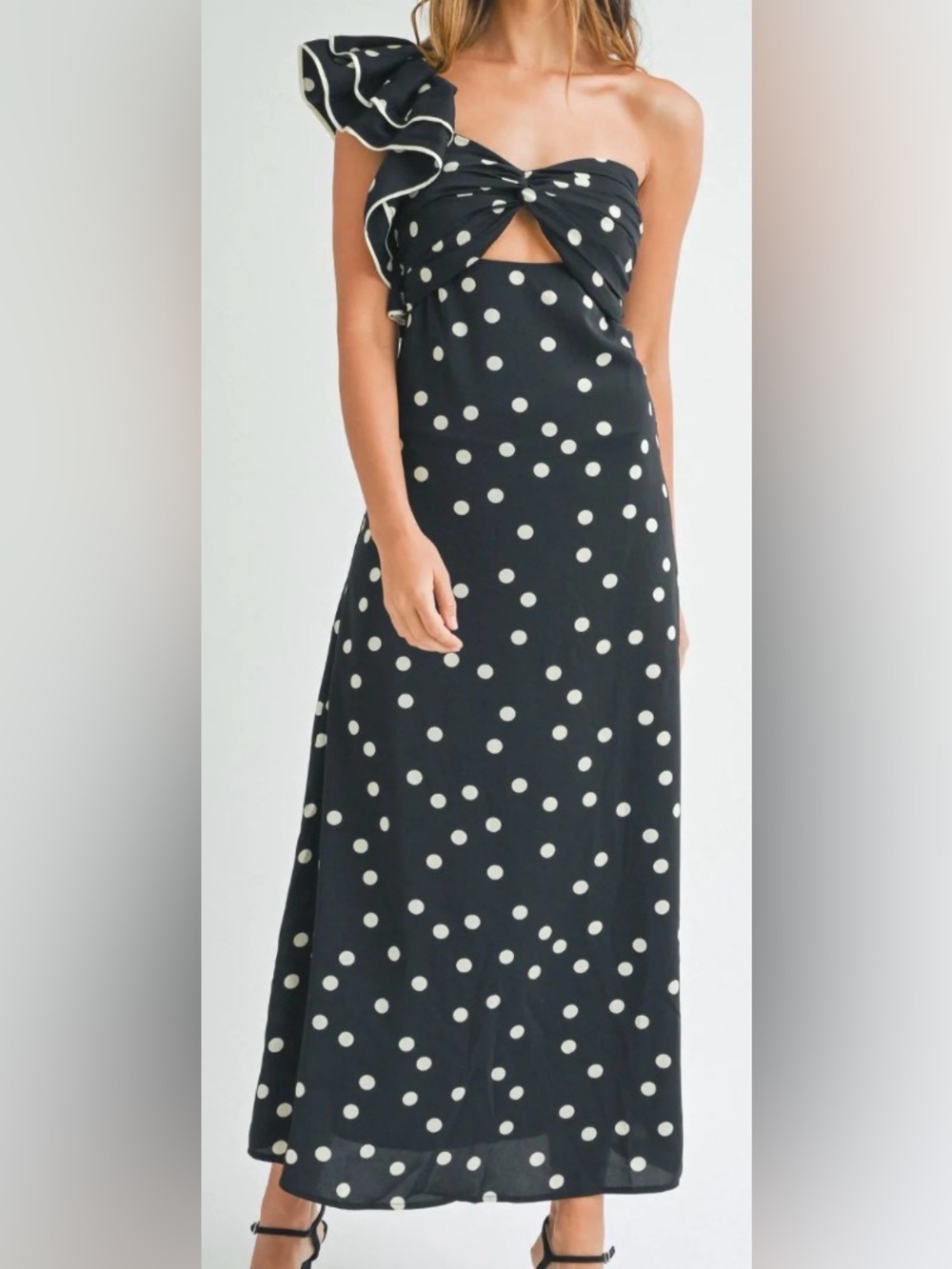 Polka Dot One-Shoulder Maxi Dress in Black and White